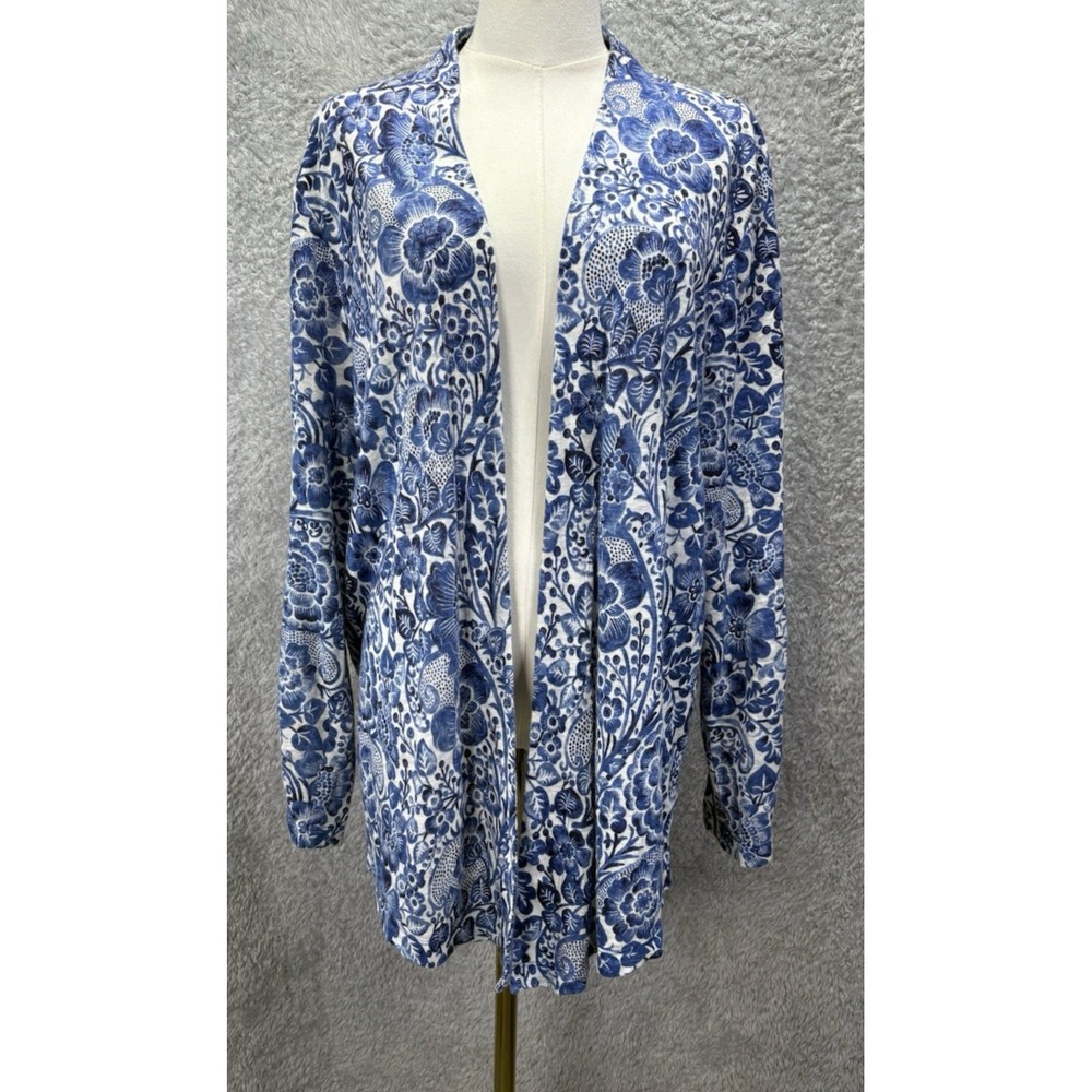 Chicos Womens 3 XL Cardigan Blue White Floral Paisley 100% Linen Open Front Long
